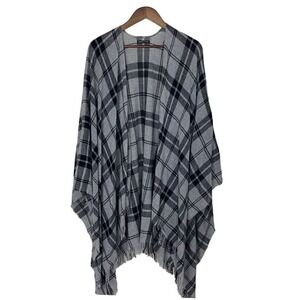 EILEEN FISHER‎ Womens Black Gray Plaid Cape Serape Cardigan One Size FLAW